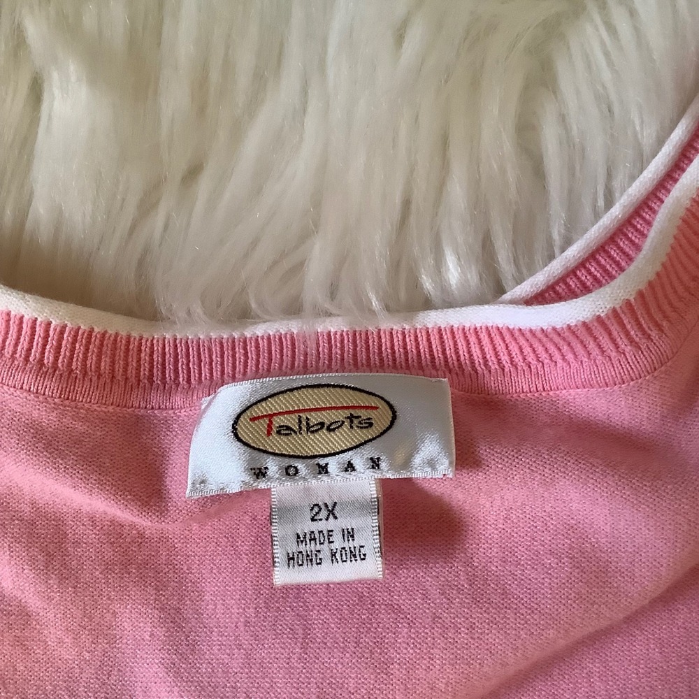 Talbots Woman Pink Short Sleeve Knit Sweater White‎ Trim Plus Size 2X